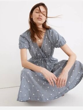 Madewell Embroidered Gingham Faux-Wrap Tie-Waist Midi Dress size Large navy